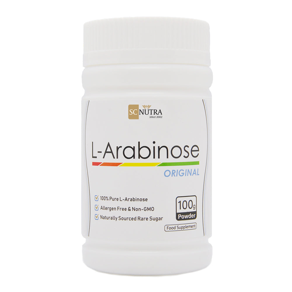 L-Arabinose tub front. Reusable & recyclable tub. 100g of L-Arabinose Powder.