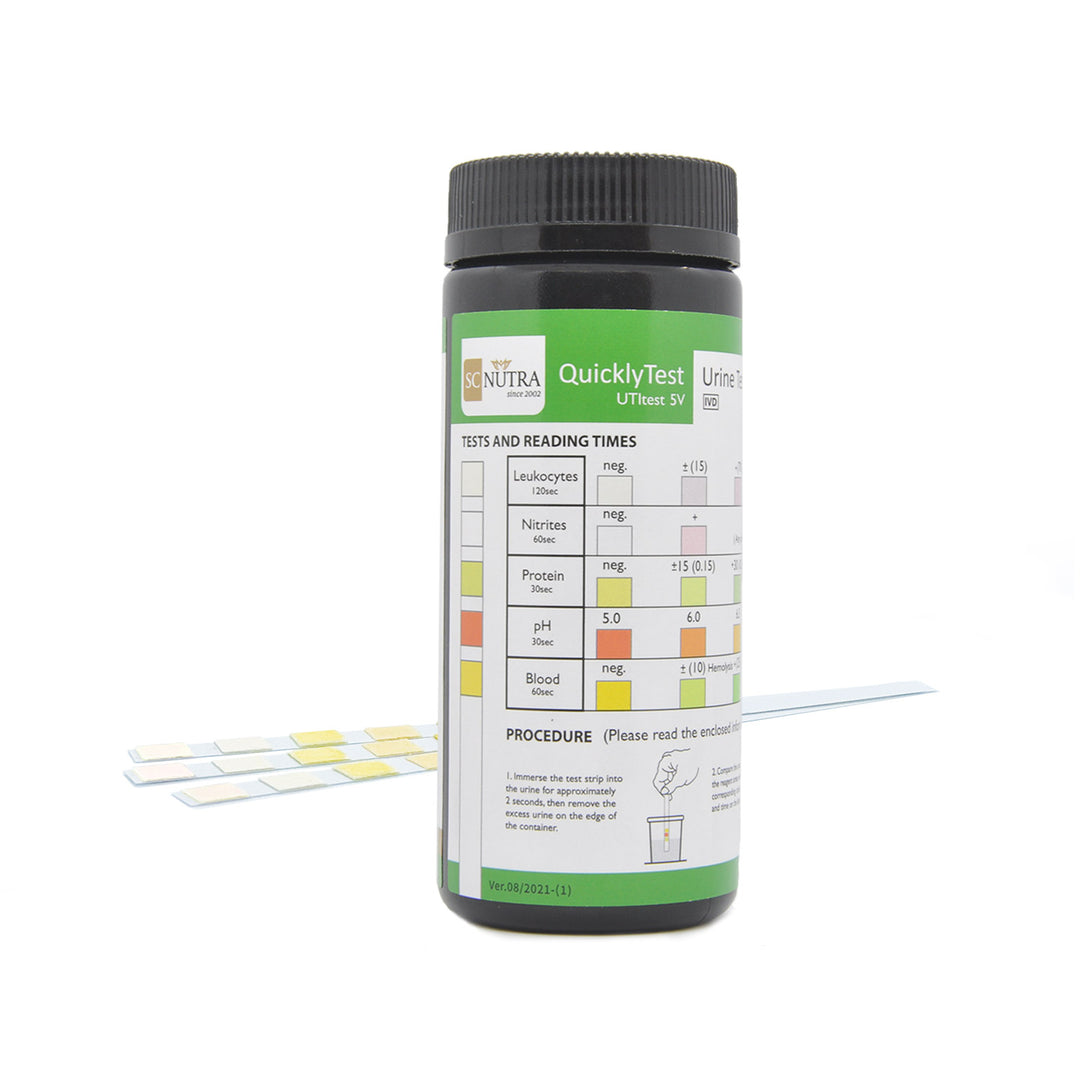 Veterinary Urine Test Strips Tub Front. Shows instructions – Immerse the test strip into the urine for approximately 2 seconds, then remove the excess urine on the edge of the container. Full instructions see website.