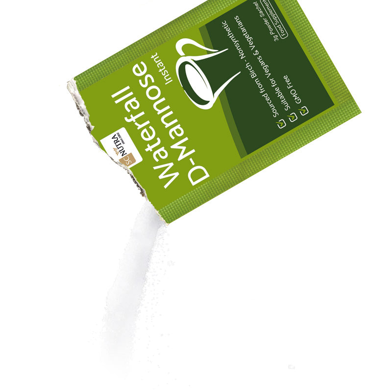 Waterfall D-Mannose Sachet easy tear paper based sachets. Lifestyle image showing tipped sachet with D-mannose powder pouring out.