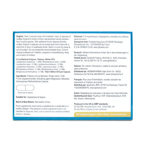 Back of box for UniBac Original 9. Instructions: Take 2 capsules daily with breakfast or food. 9 live stains, including Lactobacillus Acidophilus & Bifidobacterium Breve. 
