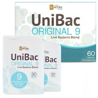 UniBac Original 9 – Unified Live Bacteria. Originally launched as Anna & John’s Probiotic Blend. Each box contains two pocket-sized travel friendly dispensers. 