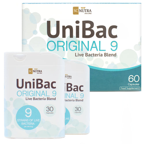UniBac Original 9 – Unified Live Bacteria. Originally launched as Anna & John’s Probiotic Blend. Each box contains two pocket-sized travel friendly dispensers. 