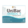 Front of box for UniBac Original 9. Everyday essential friendly bacteria. 9 strains of live bacteria. 3 billion CFU per capsule. Suitable for vegans & vegetarians.