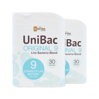 Front of two UniBac Original 9 travel dispensers. 9 strains of live bacteria per serving. 30 capsules per dispenser – 60 capsules per pack.