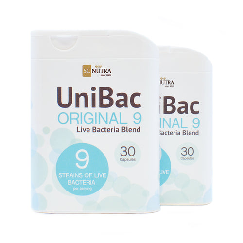 Front of two UniBac Original 9 travel dispensers. 9 strains of live bacteria per serving. 30 capsules per dispenser – 60 capsules per pack.