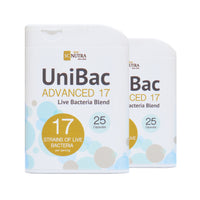 UniBac Advanced friendly bacteria / probiotic dispensers. Two recyclable and reusable dispensers per pack. Manufactered by Sweet Cures Limited.
