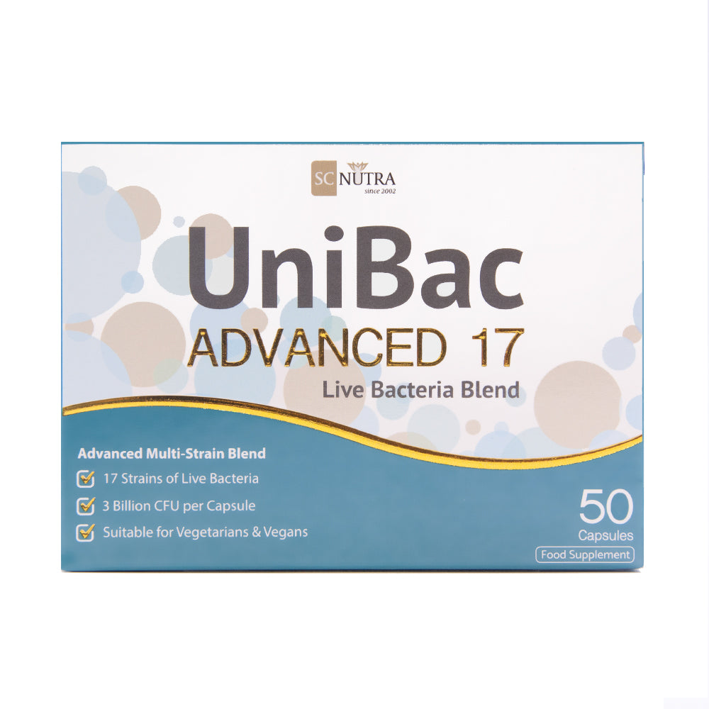 Front of box for UniBac Advanced 17 Live Bacteria Blend. 17 Strains of Live Bacteria. 3 Billion CFU per capsule. Suitable for Vegetarians & Vegans.