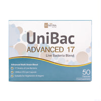 Front of box for UniBac Advanced 17 Live Bacteria Blend. 17 Strains of Live Bacteria. 3 Billion CFU per capsule. Suitable for Vegetarians & Vegans.