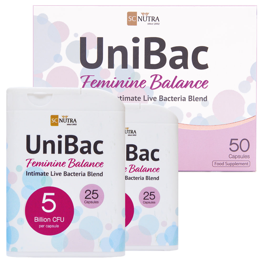 UniBac Feminine Balance live friendly bacteria for women. Front of box & two dispensers, each carrying 25 capsules.