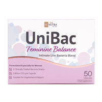 UniBac Feminine Balance front of box. Bullet points: 2 Clinically trialled bacteria strains. 5 Billion CFU per capsule. Suitable for Vegetarians & Vegans.